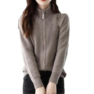 Ply Cashmere 100% Cashmere Zip-Front Funnel-Neck Sweater Women’s M Taupe
